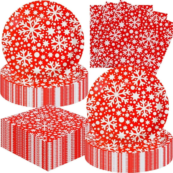 Yetene 120 Pcs Christmas Plates and AFN1Napkins Bulk Disposable Red and White Snowflake Paper Plates Xmas Round Trays Napkins Dinnerware Set for Xmas Christmas Party Supplies Decorations