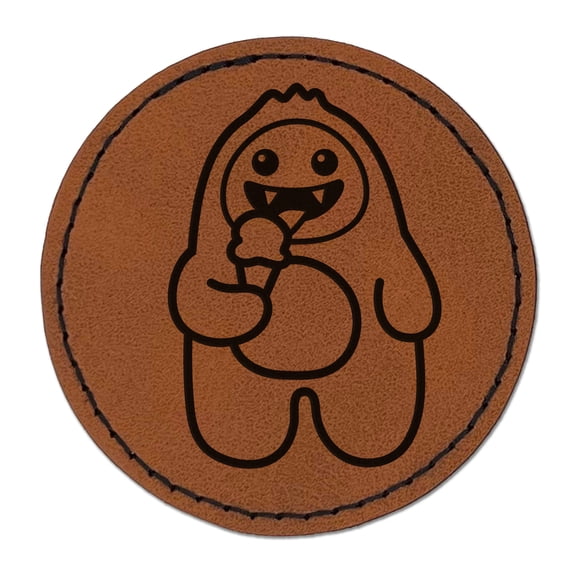 Yeti Abominable Snowman Eating Ice Cream 2.5" Faux Leather Round Engraved Iron-On Patch - Brown