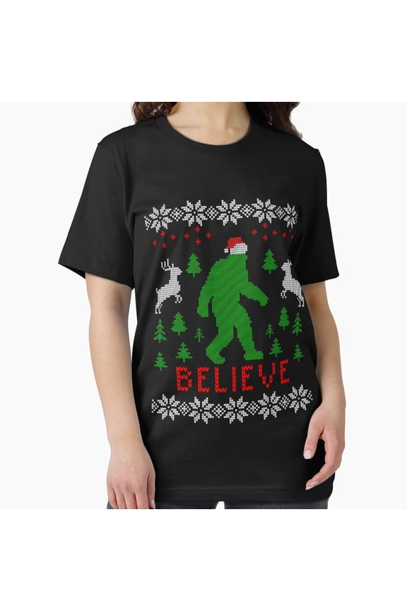 Yeti Bigfoot Festive Lights Winter Forest Creature Humor Unisex T-Shirt, up to size 5XL