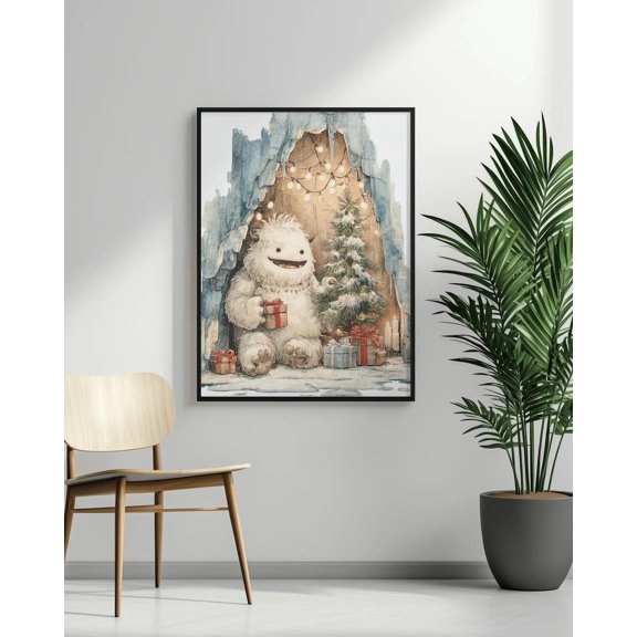 Yeti Child Opening Presents On Day: Cute Winter Cave Print, Unframed Poster Size 12x18