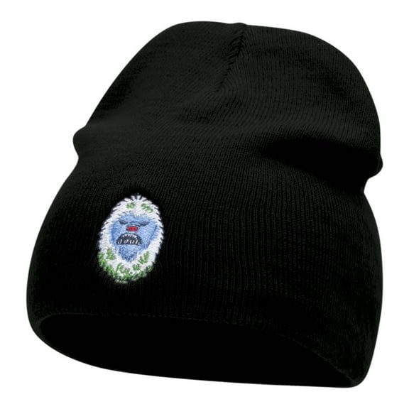 Yeti Creature Head Embroidered Short Knitted Beanie - Black OSFM
