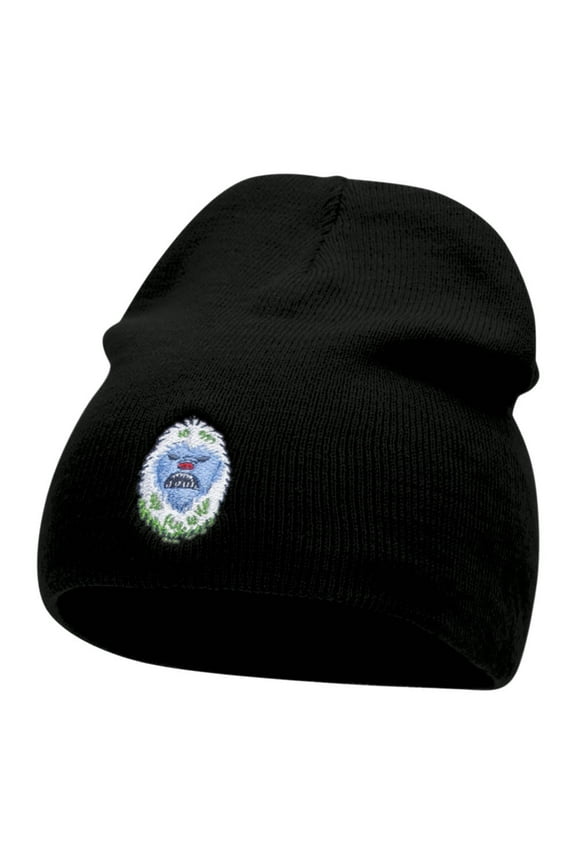Yeti Creature Head Embroidered Short Knitted Beanie - Black OSFM