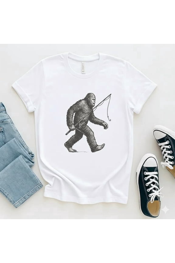 Yeti Fishing Graphic Bigfoot Shirt with Sasquatch Angler Outdoor Design Unisex Cotton T-Shirt, Size S-5XL