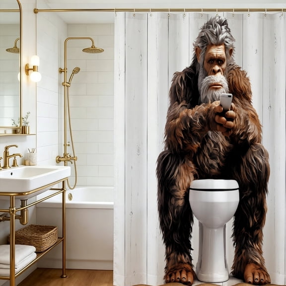 Yeti Sitting On Toilet Christmas Novelty Shower Curtain, Funny Festival Bathroom Space Partition Art, Thanksgiving Christmas Gift