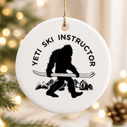 Yeti Ski Instructor, Mountain Ape Snowman Skiing Christmas Ornament, Outdoor Lover Holiday Gift, Ceramic Ornament