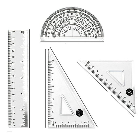 Yettn Clear Ruler Set,4-Piece Geometry Ruler Set,6" & 12" Clear Plastic Rulers, 180° Protractor, 45/60° Triangles,Drafting & Measuring Tools for Office & Technical Use