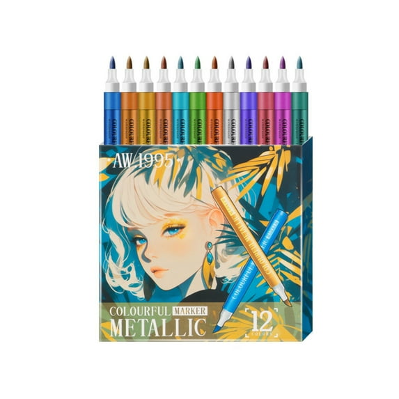 Yettn Metallic Acrylic Paint Markers, 12 Pcs Permanent Pens for Rock Painting, Stone, Ceramic, Glass, Wood, Fabric, Metal, Canvas, Scrapbook & Photo Albums