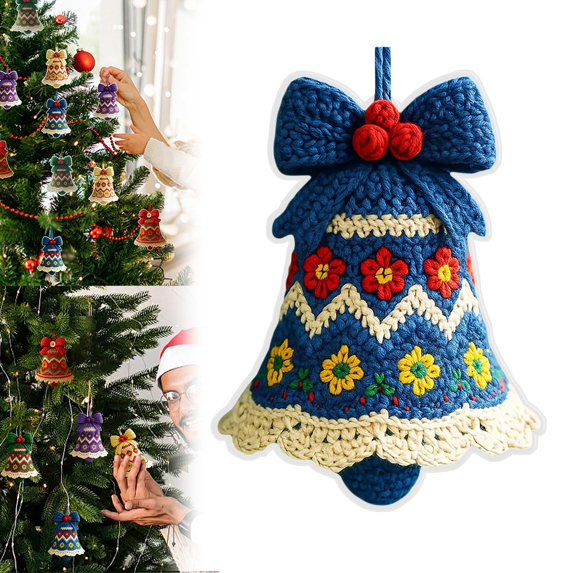 Yeuimy 2D Acrylic Flat Christmas Bell Ornament,Blue Holiday Hanging Pendant with Knitted Pattern Design,Lightweight Keepsake Decor for Xmas Tree Wreath Door and Mantel Display