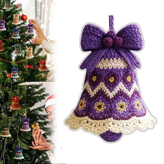 Yeuimy 2D Acrylic Flat Christmas Bell Pendant,Purple Holiday Hanging Ornament with Knitted Pattern Design,Lightweight Keepsake Decor for Xmas Tree Wreath Door and Mantel Display
