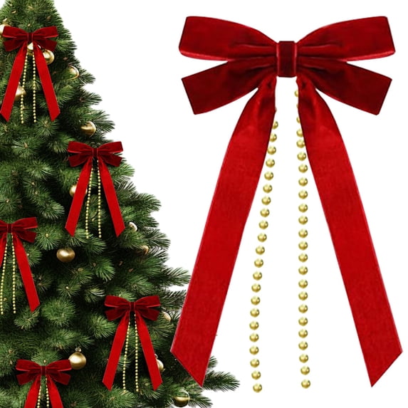 Yeuimy Christmas Bows,Long Tail Velvet Pre‑Tied 2‑Loop Bow,Vintage Garland Decor,Red Velvet Bows For Xmas Tree,Xmas Cabinet Decor For Wine Bottle Decor,Bows For Garland,Bows For Xmas Tree