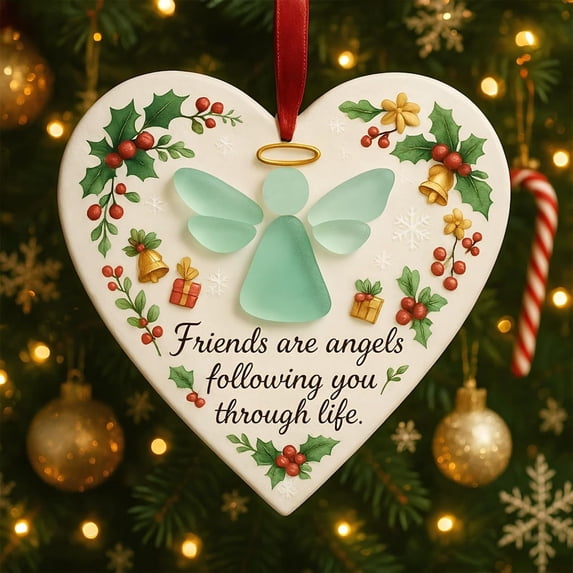 Yeuimy Heart Shaped Friendship Ornament 2D Acrylic Pendant Christmas Tree Hanging Decor Friends Are Angels Following You Through Life Gift For Women Friend Sister Coworker Holiday Keepsake