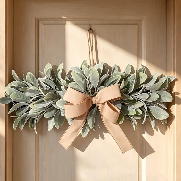 Yeuimy Lambs Ear Horizontal Wreath Artificial Greenery Swag Burlap Bow Real Touch Greenery Teardrop Swag Farmhouse Front Door Decor Wedding Faux Foliage Decor Spring Summer Wreath Wall Hanging Decor