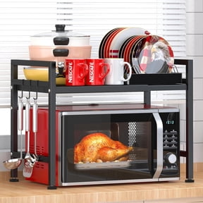 Yeulluey Extendable Microwave Oven Rack, Adjustable Microwave/Toaster Shelf Heavy Duty Stand Kitchen Counter Top Organizer, 2 Tier with 3 Hooks, 160lbs Weight Capacity, Black