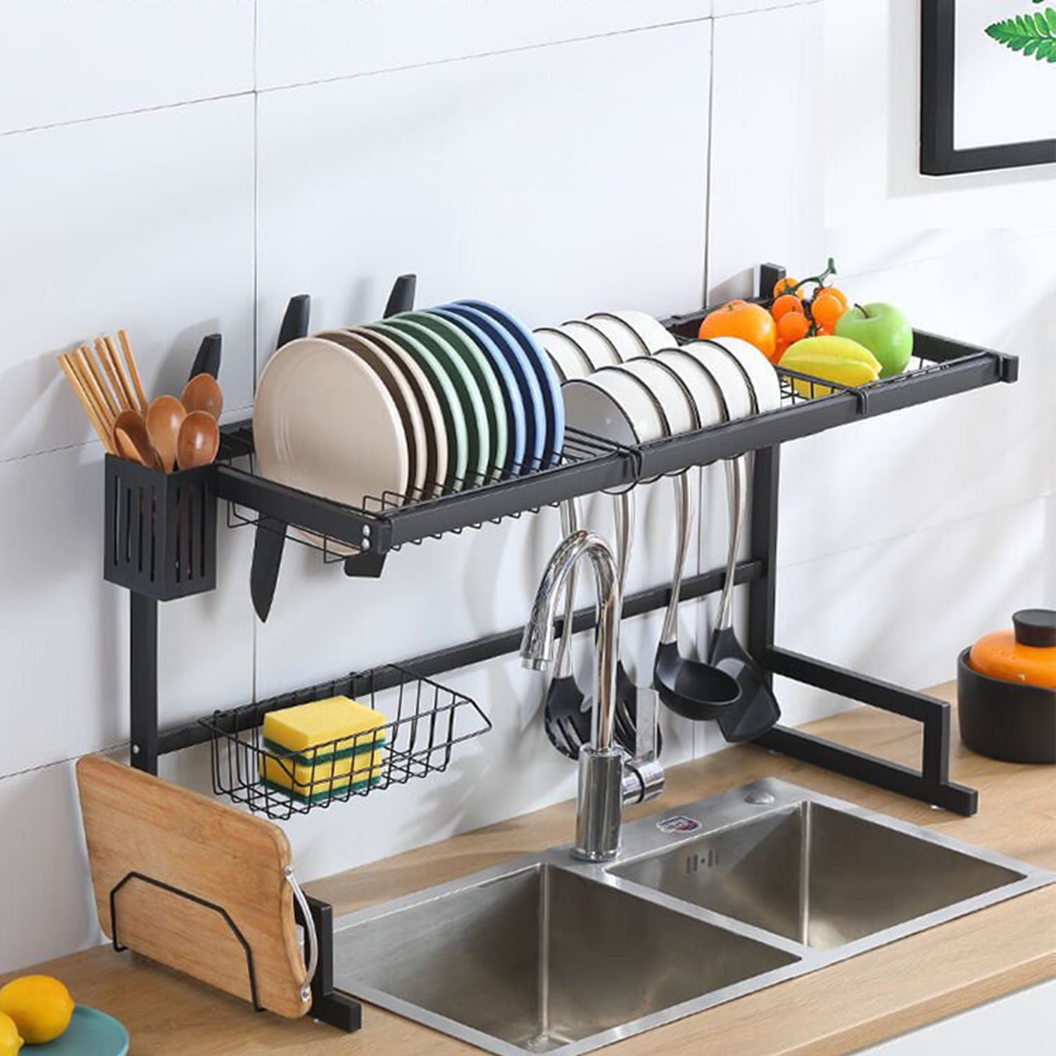 Yeulluey Over-The-Sink Dish Rack | Large 2-Tier Countertop Drainer | All-in-One Kitchen Organizer (33.86"x12.6"x20.47")