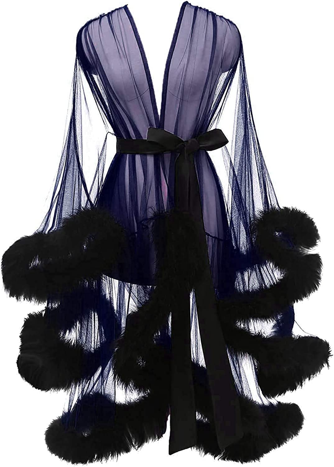 Yexinbridal Tulle Feather Robe Sexy Sheer Mesh Fur Bridal Illusion