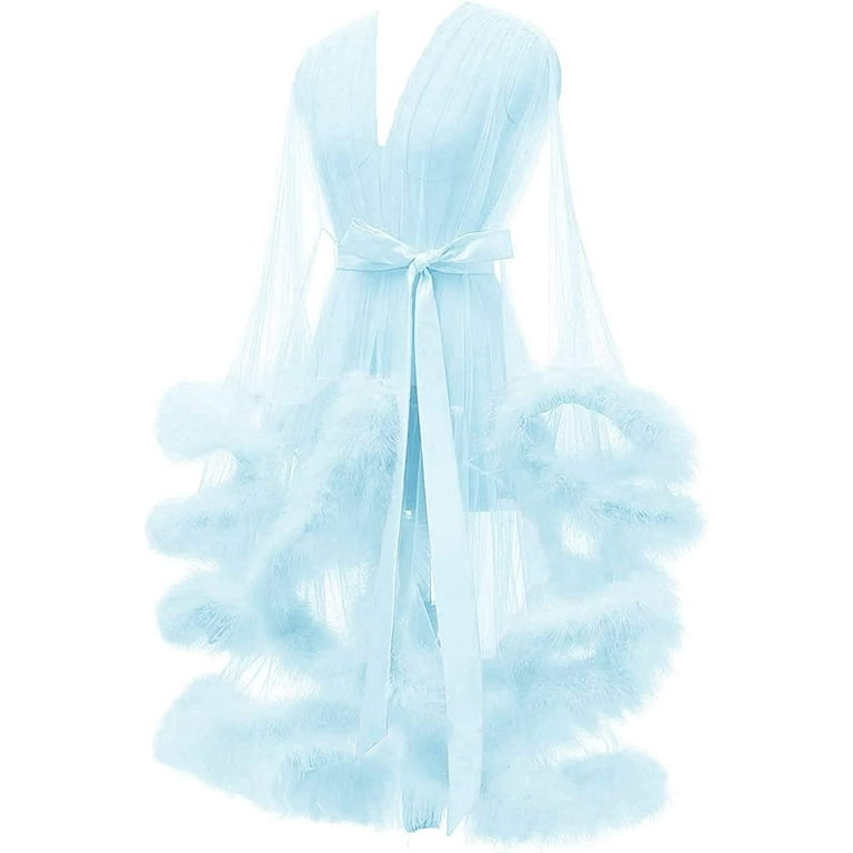 Yexinbridal Tulle Feather Robe Sexy Sheer Mesh Fur Bridal Illusion