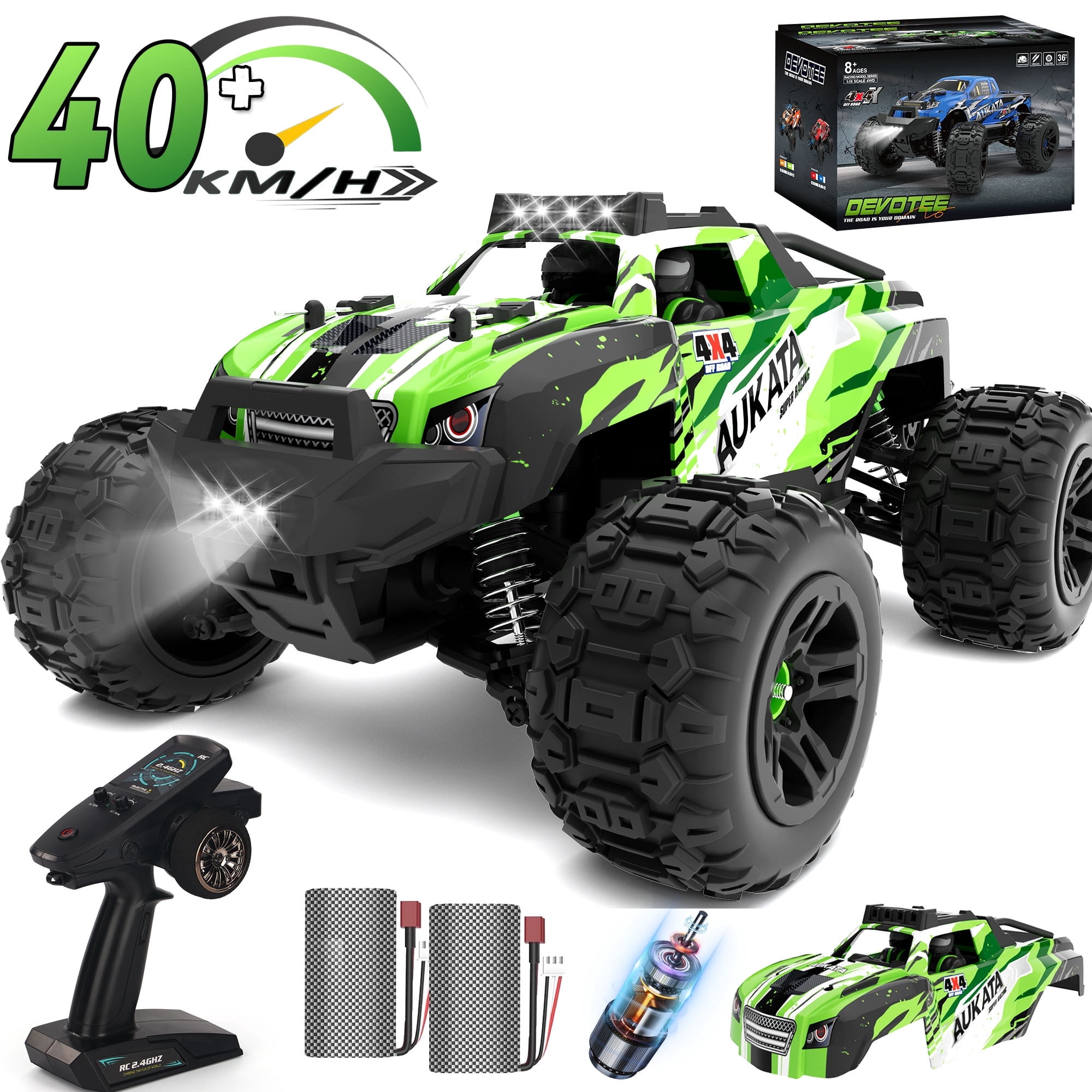 Auto Telecomandata Monster Truck 1/14, 40 KM/H, 4WD, 2.4 GHz, Con 7 Luci Colorate, 2 Batterie 2000 MAh, Per Adulti E Bambini Da 8+