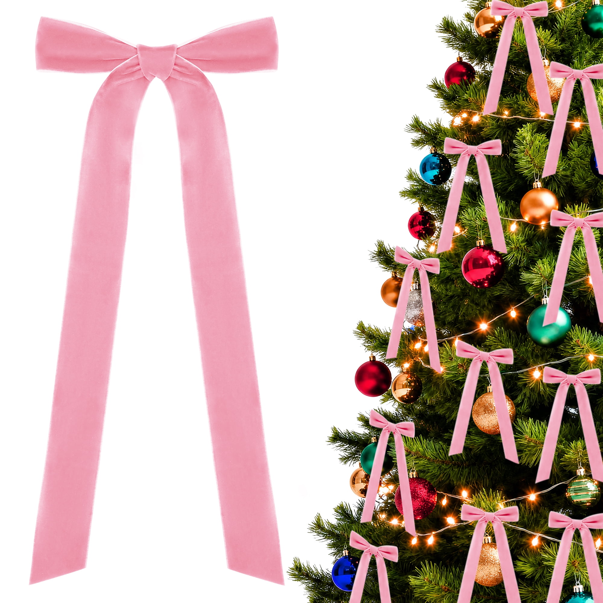 Yexmas 12pcs Pink Velvet Christmas Bows, Ribbon Bows Xmas Ornaments for ...