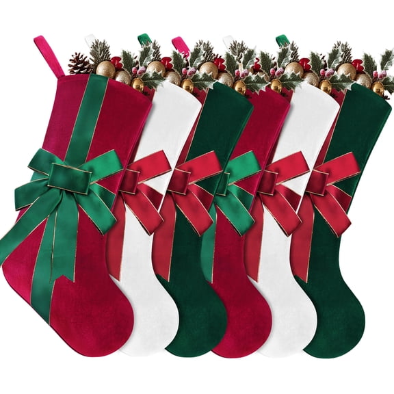 Yexmas 6pcs 20'' Christmas Stockings, Personalized Velvet Xmas Stockings with Decorative Bow, Large Hanging Christmas Stocking Ornaments for Family Holiday Fireplace Tree Party Decor