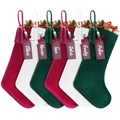 Yexmas 6pcs 20'' Christmas Stockings, Personalized Velvet Xmas Stockings with Name Tags,Large Hanging Stockings for Christmas Tree Fireplace Home Holiday Party Decor