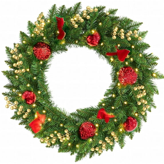 Lookfly 24" Lighted Christmas Wreaths,Lighted Christmas Wreath,Battery Powered Christmas Wreaths for Front Door,Outdoor Christmas Decor with Ornament