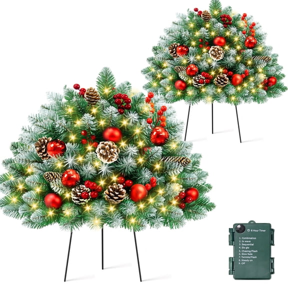 Yexmas 2PCS Pre-Lit Small Christmas Trees, 24" Artificial Xmas Decora with 40 LED Lights, Red Berries, Pinecones and Ornaments for Porch,Yard,Pathway,Garden