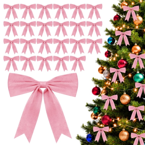 Yexmas 24pcs Pink Velvet Christmas Bows, Xmas Ribbon Bows Ornaments for Christmas Tree, Gift Wrapping,Crafts,Party, Wreath Garland Holiday Decor