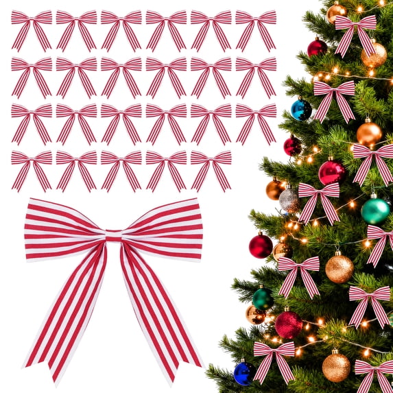 Yexmas 24pcs Striped Velvet Christmas Bows, Xmas Ribbon Bows Ornaments for Christmas Tree, Gift Wrapping,Crafts,Party, Wreath Garland Holiday Decor