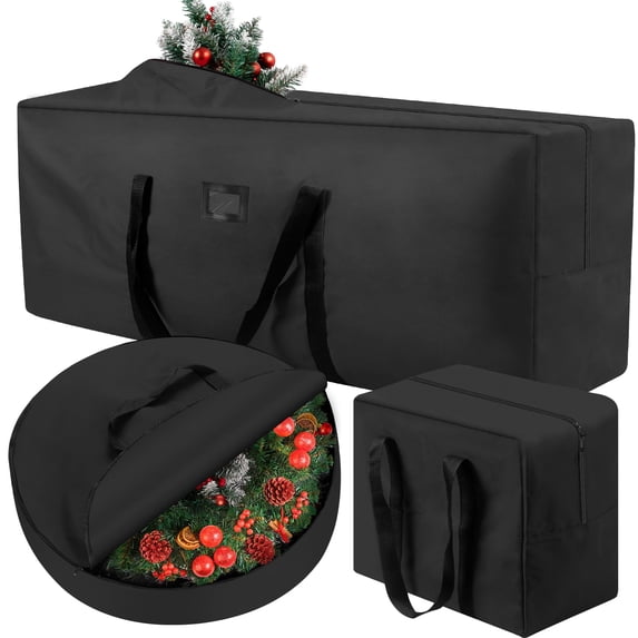 Yexmas 3 Pack Large Christmas Tree Storage Bag,Fits up to 7.5 ft Artificial Trees,Christmas Wreath Garland Storage Bag,Christmas Ornament Storage Box,Reinforced Handles & zipper,Black