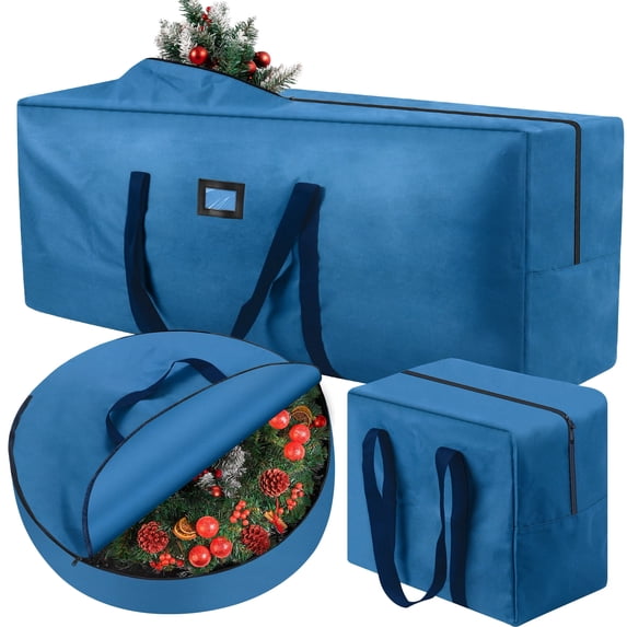 Yexmas 3 Pack Large Christmas Tree Storage Bag,Fits up to 7.5 ft Artificial Trees,Christmas Wreath Garland Storage Bag,Christmas Ornament Storage Box,Reinforced Handles & zipper,Blue