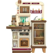 Lookfly 40.6 Inch Play Kitchen Set for Kids, Large Pretend Play Kitchen with Realistic Lights and Sounds, Simulation of Spray for Toddlers Girls Boys Gift, Brown