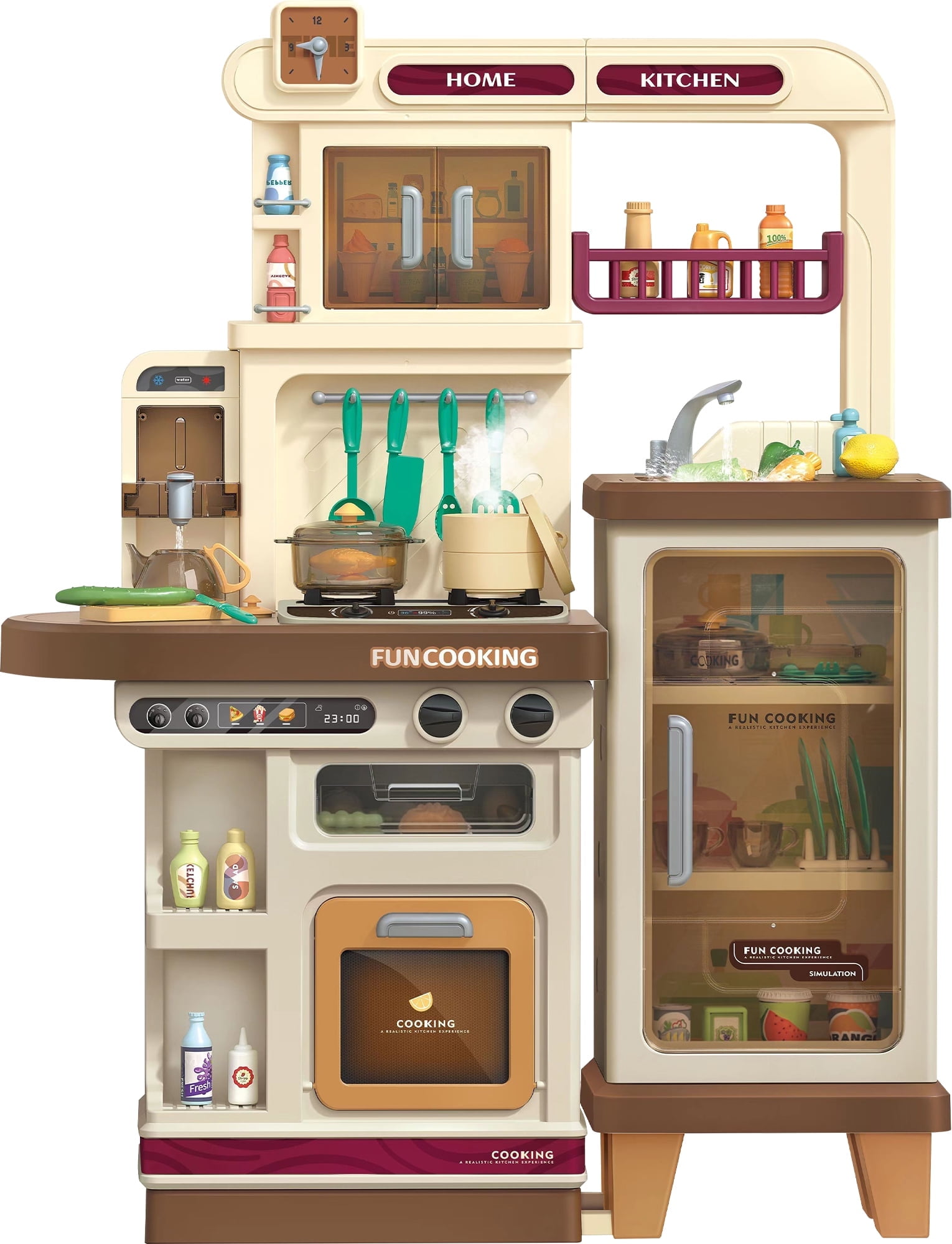 Yexmas 40.6Inch Play Kitchen Set for Kids Large Kids Play Kitchen with Realistic Lights and Sounds Simulation of Spray Toy Kitchen Set for Toddlers Girls Boys Gift Brown Walmart