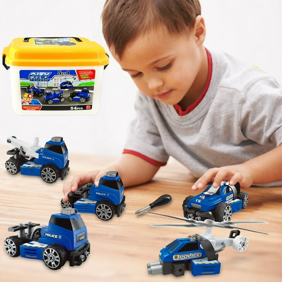 Yexmas 5-in-1 Take Apart Police Car Truck Toy with Storage Box – Builds Emergency Rescue Vehicle, Police Helicopter, Car & Truck - STEM Learning Toy & DIY Building Play Set for Kids