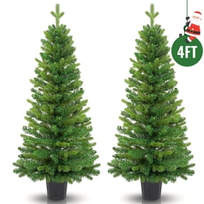 Yexmas 2-Pack 4FT Potted Christmas Trees, Artificial Potted Trees with Mixed PE & PVC, Small Potted Xmas Trees for Front Porch, Entryway Indoor Outdoor Decor