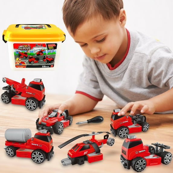 Yexmas 6-in-1 Take Apart Fire Truck Toy with Storage Box - Builds Emergency Rescue Vehicle, Fire Truck, Car & Helicopter - STEM Learning Toy & DIY Building Play Set for Kids