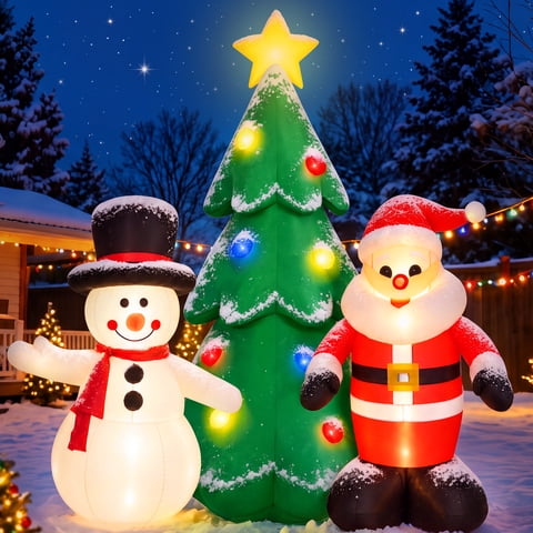 Yexmas 6 FT Lighted Christmas Inflatable Outdoor Decor, Blow Up Christmas Tree with Santa Claus, Snowman & Penguin for Yard Lawn