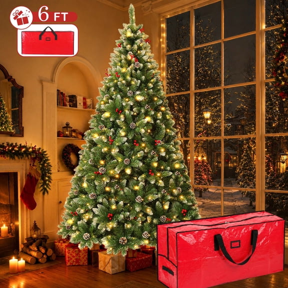 Yexmas 6FT Pre-Lit Christmas Tree with Pinecones and Red Berries,Artificial Green Xmas Tree with Large Storage Bag for Home, Office, Party Decoration
