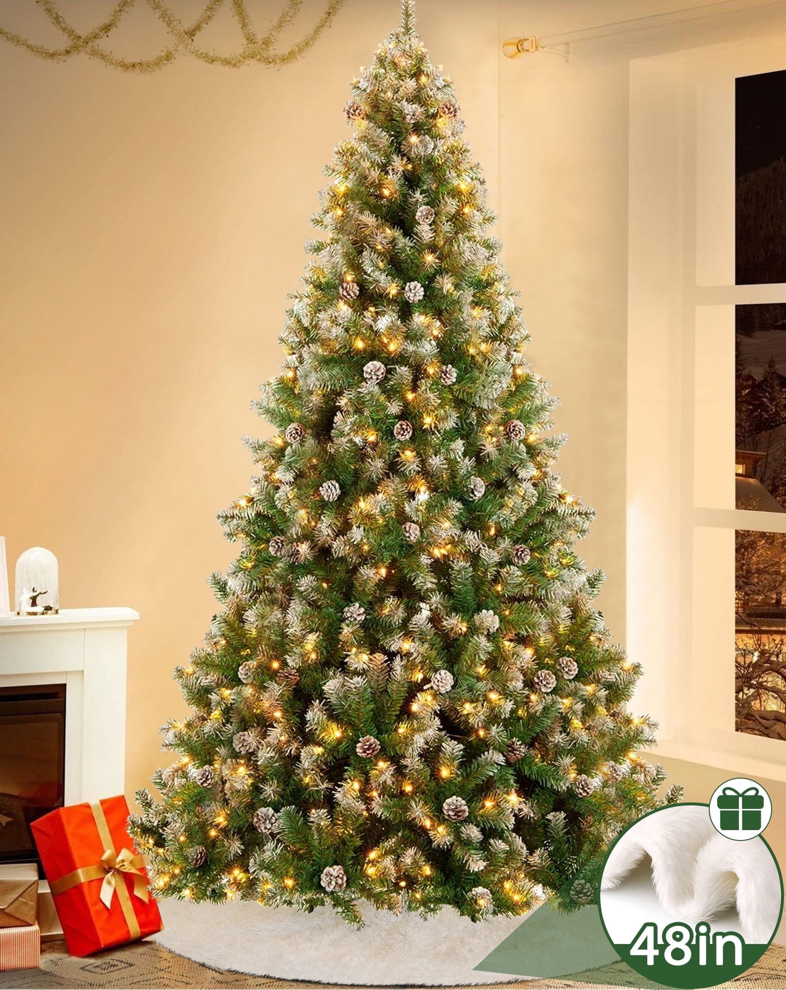 Yexmas 7.5ft Pre-Lit Artificial Christmas Trees,Green Xmas Tree with Large Christmas Tree Storage Bag,Pinecones, Berries, Realistic Artificial Christmas Trees for Home, Office, Party Decoration