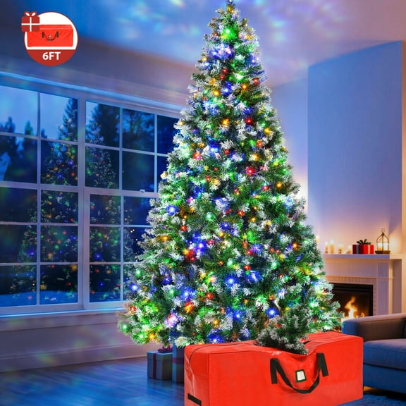 Yexmas 6ft Pre-Lit Green Christmas Tree, 11 Modes Colored LED Lights, Artificial Xmas Tree with Large Storage Bag