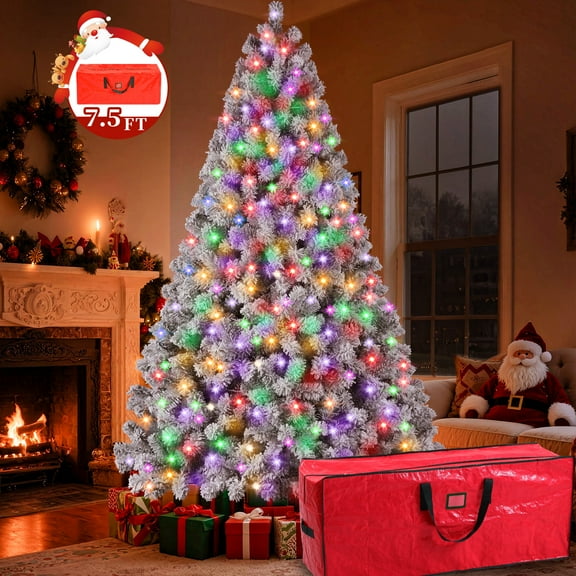 Yexmas 7.5FT Pre-Lit Snow Flocked Christmas Tree,Artificial White Christmas Tree with Large Christmas Tree Storage Bag,11 Modes Warm White & Multicolor LED Lights for Xmas Decoration