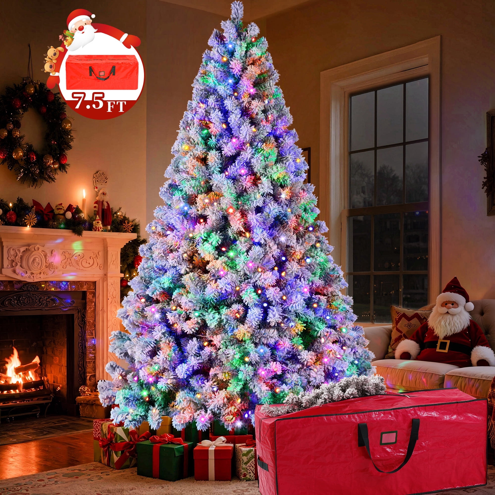 Yexmas 6ft Snow Flocked Christmas Tree, Pre-Lit Artificial White