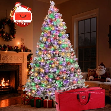 Yexmas 7.5FT Pre-Lit Snow Flocked Christmas Tree,Artificial White Christmas Tree with Large Christmas Tree Storage Bag,11 Modes Warm White & Multicolor LED Lights for Xmas Decoration