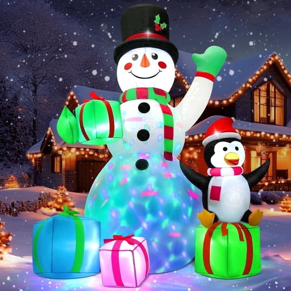 Yexmas 6FT Christmas Inflatables Snowman Blow Up Yard Decor with 360 Rotation Colorful Projector LED Light for Outdoor Christmas Party ,Garden and Lawn