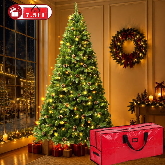 Yexmas 7.5FT Pre-Lit Green Christmas Tree with Pinecones, Artificial Xmas Tree with Large Storage Bag for Indoor Christmas Decorations