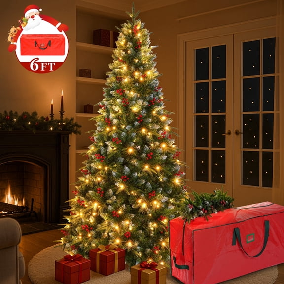 Yexmas 6ft Pre-Lit Artificial Christmas Trees,Green Xmas Tree with Large Christmas Tree Storage Bag, Berries, Realistic Artificial Christmas Trees for Home, Office, Party Decoration