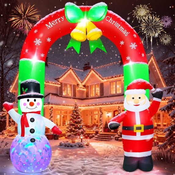 Yexmas 8FT Christmas Inflatable Archway,Christmas Blow Up Yard Decorations with Santa Claus and Snowman,Outdoor Christmas Decorations with Bow LED Lights