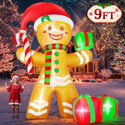 Yexmas 9FT Christmas Inflatable Gingerbread Man with Candy Cane and Gift Boxes, Blow Up Outdoor Yard Decor with Built-In LED Lights for Lawn Garden