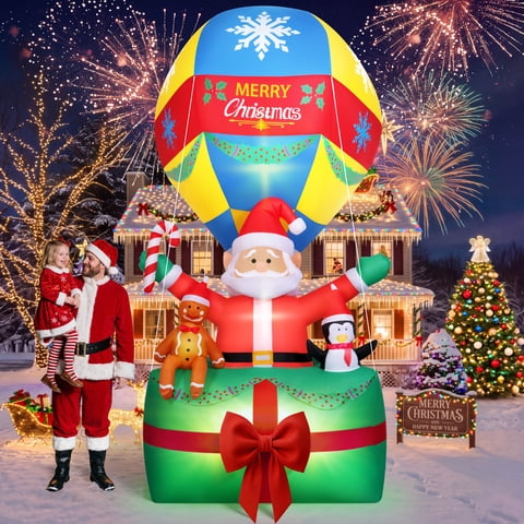 Yexmas Inflable Navideño de 9 Ft de Santa Claus en Globo Aerostático, Decoración Festiva para Exteriores con Luces LED para Patio, Césped y Jardín