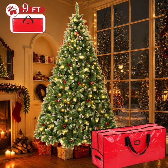 Yexmas 9FT Pre-Lit Christmas Tree with Pinecones and Red Berries,Artificial Green Xmas Tree with Large Storage Bag for Home, Office, Party Decoration