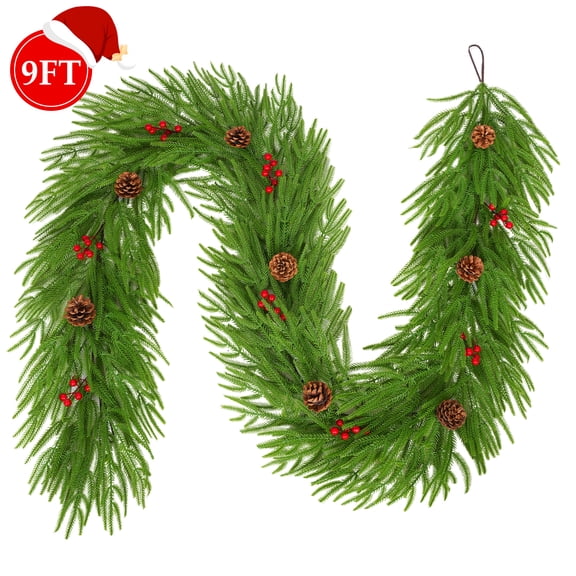 Yexmas 9FT Christmas Garland, Artificial Norfolk Pine Garland with 100 PE Tips,Pine Cones&Red Berries,Real Touch Greenery Garland for Mantel Fireplace Table Indoor Outdoor Xmas Decoration